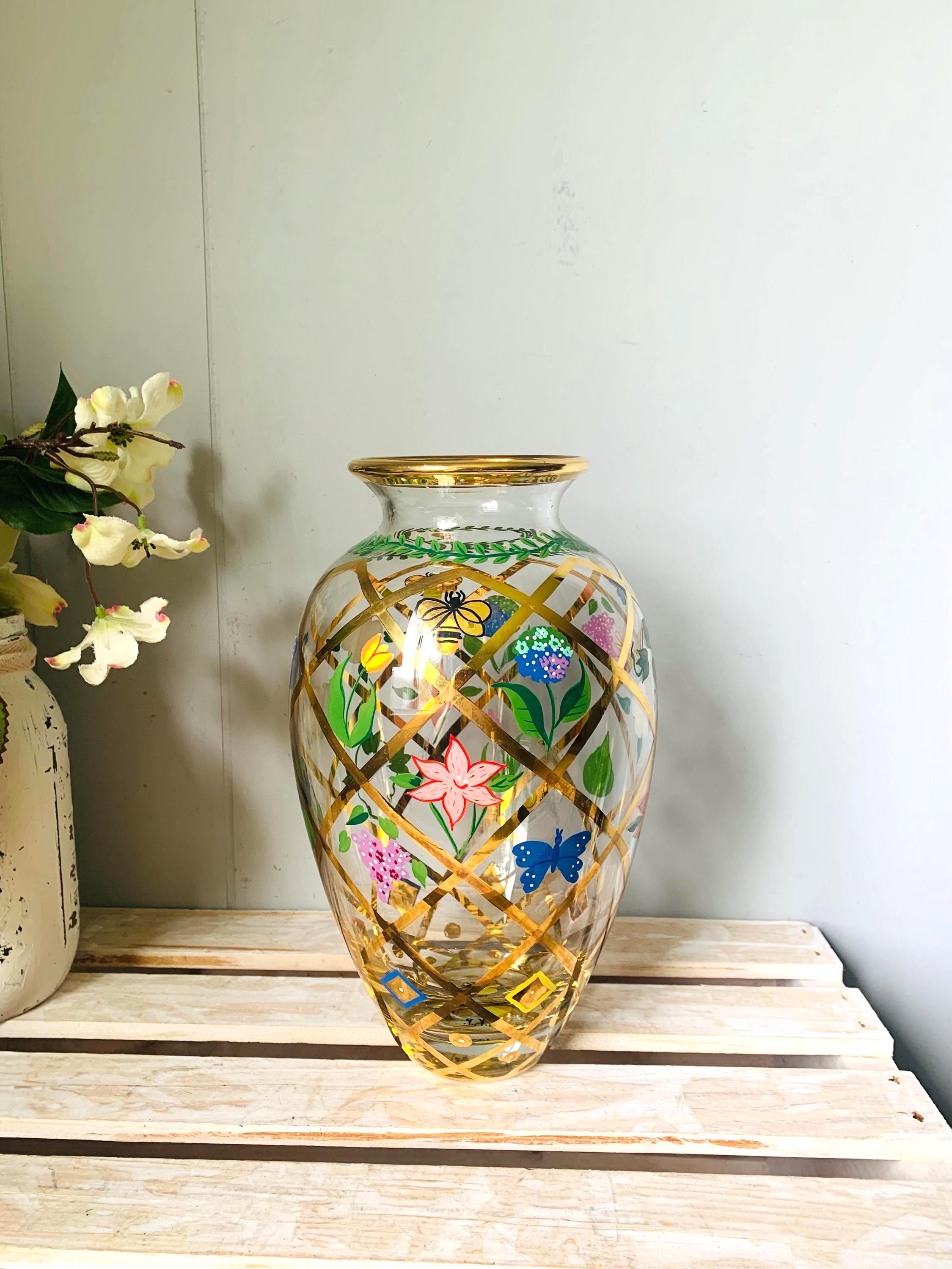 Lenox Nature's Splendor Crystal Vase 9 x 5 Hand Painted Bees Flowers 24K Gold Guilding Signed PKP Beautiful!