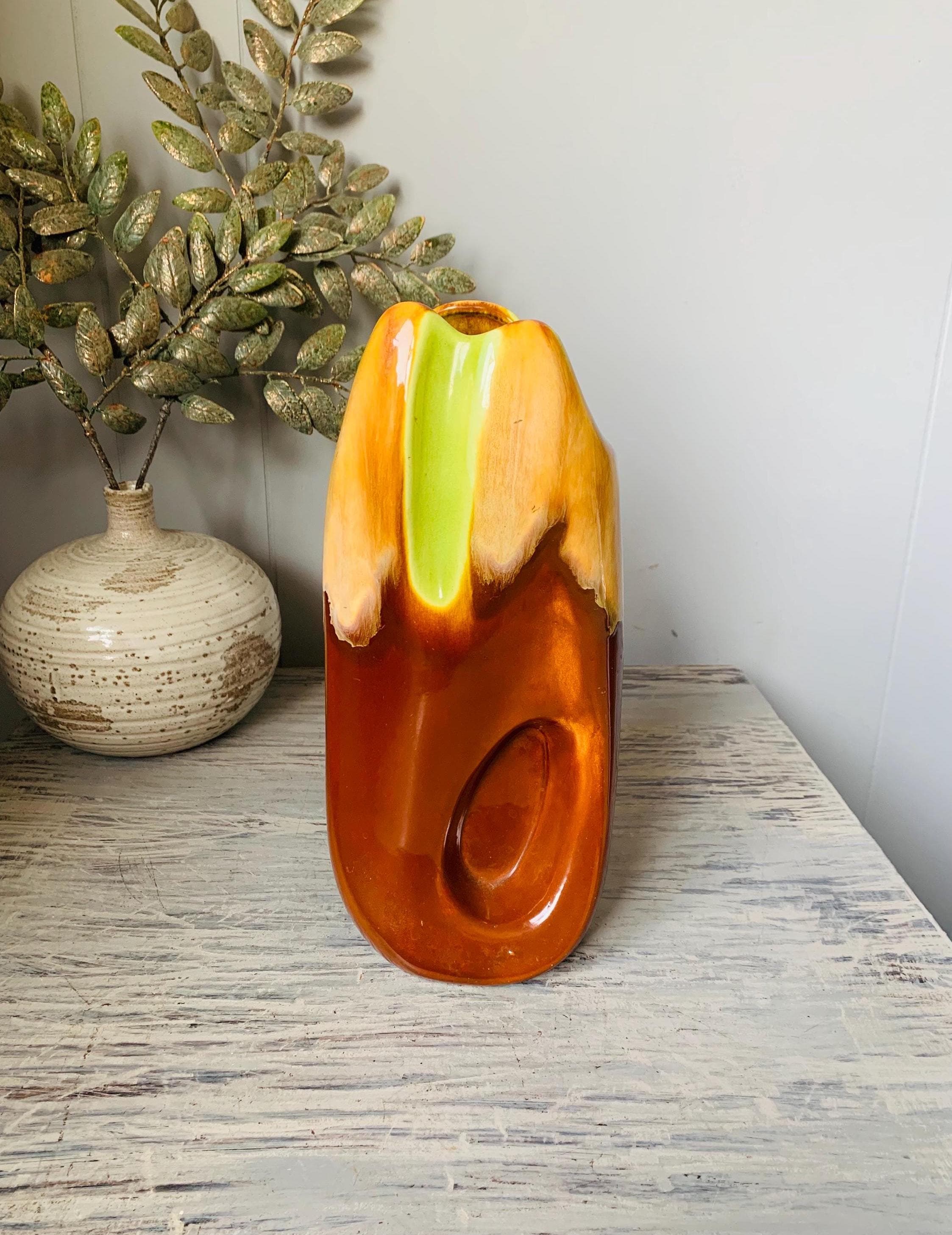 Vintage Royal Haeger Vase R895 Brown Lime Green Drip Glaze Glossy Free Form Vase Retro Groovy 1970s Decor