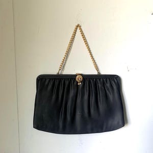 Vintage 1950s Black Satin Clutch: Goldtone Wreath Clasp Evening Bag