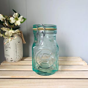 Vintage Bullseye Aqua Green Glass Canister Bale Hinged Lid Made in Italy Hermetic Kitchen Bathroom Storage Display