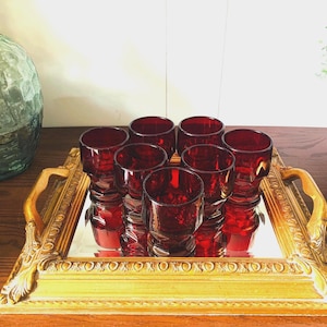Vintage Viking Georgian Ruby Red Cadmium Flat Juice Glasses Set Of 7 Honeycomb 4 Oz Base Glows