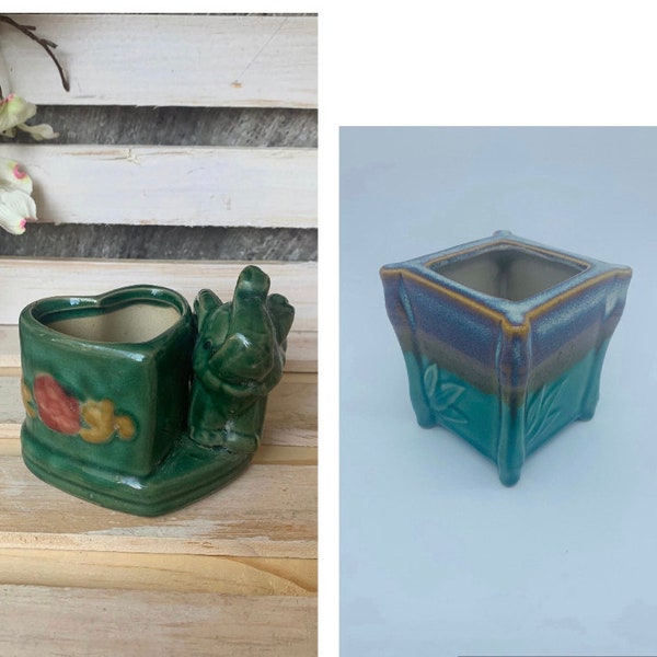 Vintage Elephant Planter Heart Shaped And Square Bamboo Planter Mid Century Majolica Green Ceramic Pottery Indoor Planter