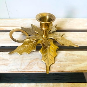 Vintage Solid Brass Holly Leaf Candlestick Holder With Box Finger Loop Taper Candle