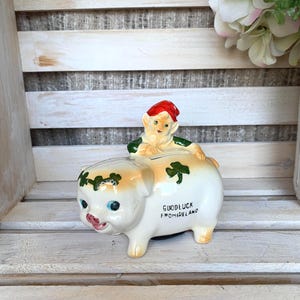 Vintage Gnome Piggy Bank “Good Luck From Ireland” Ceramic Elf Pixie Kitschy Decor
