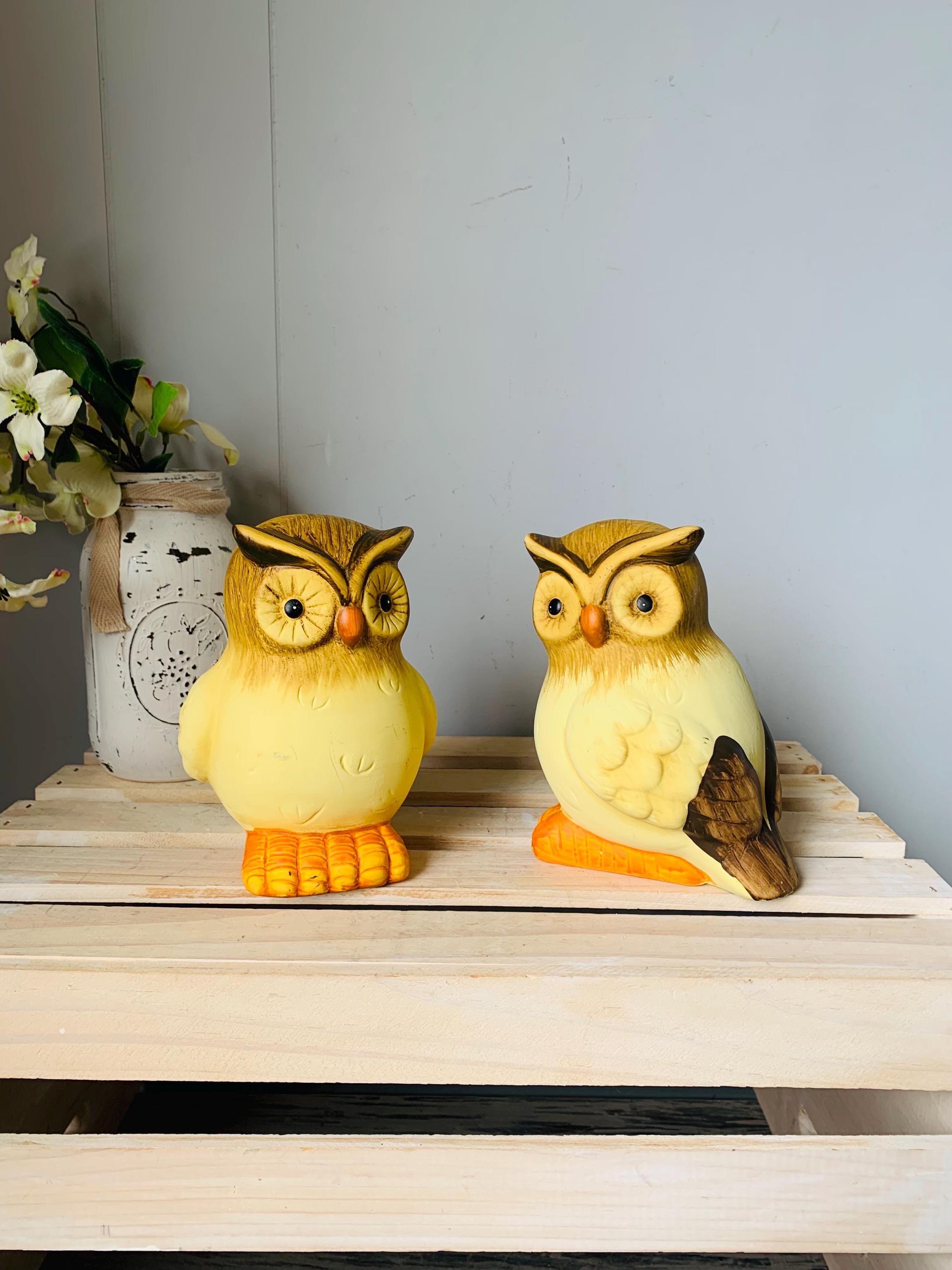 Vintage Chalkware Owl Figurines: Hand-Painted Yellow 1970's Groovy Decor