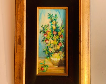 Vintage Oil Painting Flowers In Vase Gold Gilt Frame Velvet Matting Artist Signed