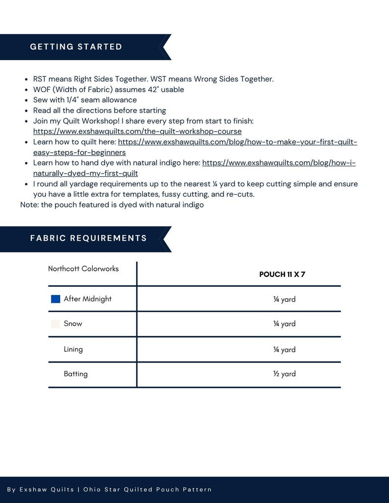 Puede incluir: Documento blanco con texto que detalla las instrucciones de acolchado y los requisitos de tela para una bolsa. El documento incluye una lista de t&eacute;rminos, enlaces de sitios web y necesidades de tela, incluyendo telas "After Midnight" y "Snow". La bolsa mide 28 x 18 cm.