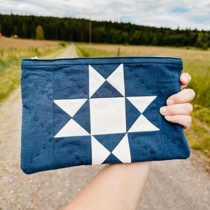 Puede incluir: Un estuche acolchado azul marino con un dise&ntilde;o de estrella blanca. La estrella est&aacute; centrada en el estuche y est&aacute; formada por tri&aacute;ngulos y un cuadrado. El estuche tiene un cierre de cremallera y lo sostiene una mano.