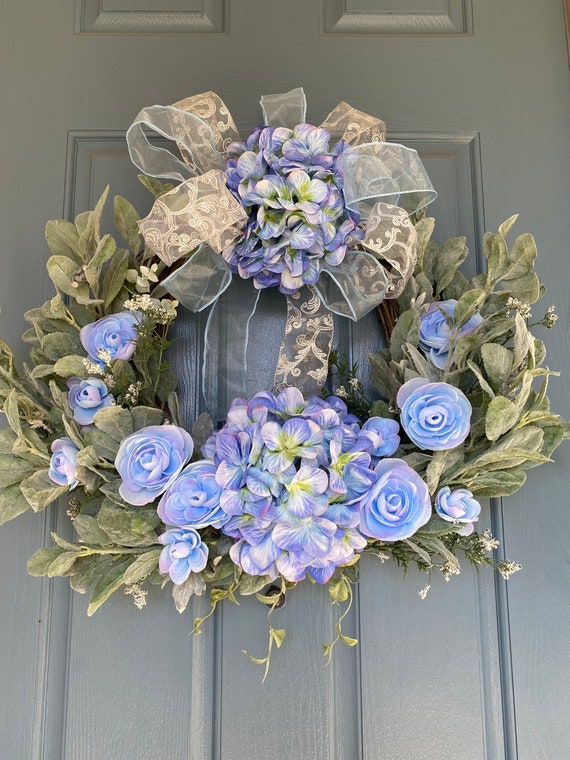 Blue Hydrangeas and Lambs Ear 18inch Grapevine Wreath Etsy