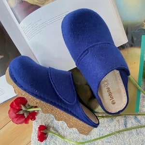 May include: A pair of blue felt slippers with cork soles. The slippers have a strap across the top and the brand name "Imou" is printed on the inside of the slipper.