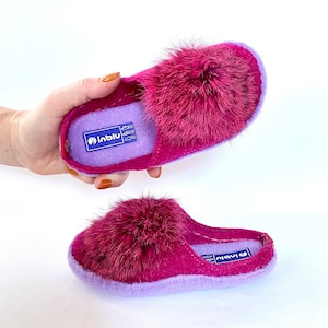 Girls Fur Slippers with Pom Poms, Pink Color, Soft and Warm Home Slides, Perfect Winter Gift For Your Girl!