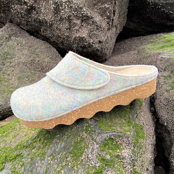 Womens Scandinavian Felt Clogs, Confetti Grey Color, Boho-Style Slippers, Handmade Indoor/Outdoor Shoes, Orthopedic Arch Support