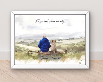 May include: A watercolor painting of a man and his dog sitting on a bench overlooking a valley. The text "All you need is love and a dog." is written above them. The names "Stephen" and "Lucy" are written below them.