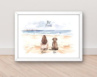 Owner and pet print, dog at the beach, dog gifts for owners,  girl and dog print, dog best friend uk, for girls, dog mum gifts, dog print,