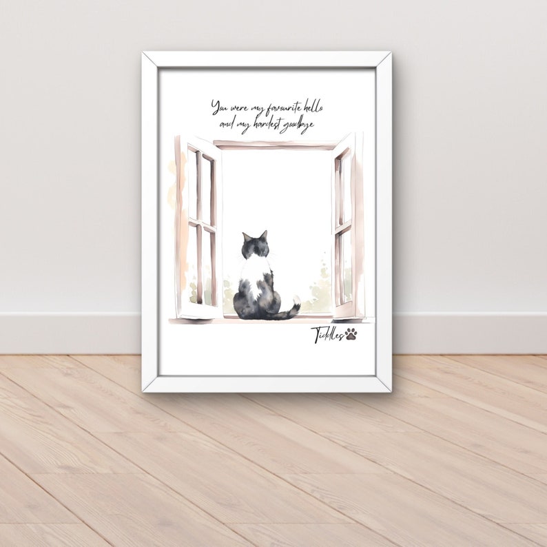 Puede incluir: Una pintura de acuarela de un gato blanco y negro sentado en una ventana mirando hacia afuera. El texto "You were my favorite hello and my hardest goodbye" est&aacute; por encima del gato y el texto "Tickles" est&aacute; debajo del gato con una huella de pata.