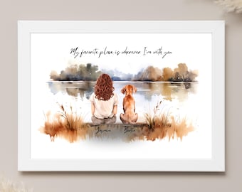 Lámina con dueño y mascota, regalos para dueños de perros, lámina de perro, lámina personalizada, lámina de niña y perro, regalos para niña, para amiga, regalo para mamá de perro