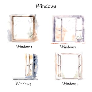 Puede incluir: Cuatro ilustraciones de acuarela de diferentes ventanas. La primera ventana es de un solo panel con un marco marr&oacute;n. La segunda ventana est&aacute; abierta con dos paneles y un marco azul. La tercera ventana es de un solo panel con un marco marr&oacute;n y est&aacute; parcialmente abierta. La cuarta ventana est&aacute; abierta con dos paneles y un marco blanco.