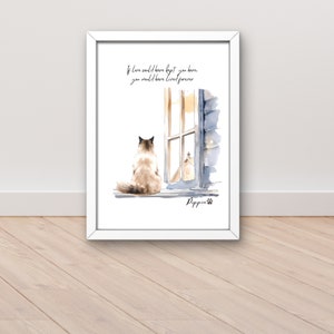 Puede incluir: Una pintura de acuarela de un gato mirando por una ventana. El gato est&aacute; sentado en un alf&eacute;izar de la ventana y la ventana est&aacute; abierta. El texto "Si el amor te hubiera podido mantener aqu&iacute;, habr&iacute;as vivido para siempre" est&aacute; escrito sobre el gato. El nombre del gato, "Pippin", est&aacute; escrito debajo del gato.