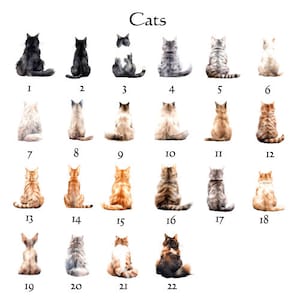 Puede incluir: Una colecci&oacute;n de 22 ilustraciones de acuarela de gatos en varias poses, numeradas del 1 al 22. Los gatos est&aacute;n todos sentados y mirando hacia atr&aacute;s al espectador. Las ilustraciones est&aacute;n sobre un fondo blanco.