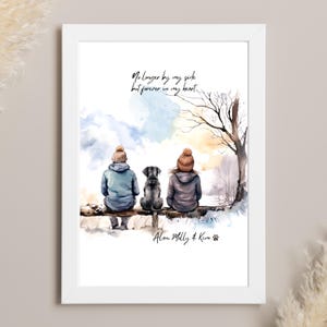 May include: A watercolour painting of two people and a dog sitting on a bench, looking out at a snowy landscape. The text "No longer by my side but forever in my heart" is written above them. The text "Alan. Mally & Kim" is written below them.