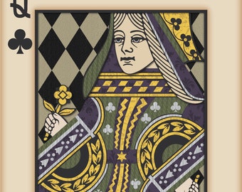 Playing Card Wall Art, Playing Card Print, Man Cave Decor, "Queen of Clubs"