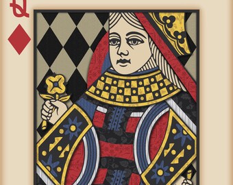 Playing Card Wall Art, Playing Card Print, Man Cave Decor, "Queen of Diamonds"
