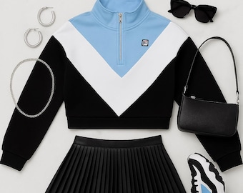 Vintage FILA Cropped Long Sleeve Jacket: 90s Light Blue, Black & White, Size M