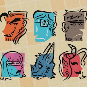 Peut inclure: Six portraits de dessins animés stylisés. Chaque visage, avec des contours audacieux, est placé sur un fond carré et utilise une palette de couleurs limitée : orange, bleu, gris, rose et rouge. Les expressions varient de narquois à préoccupé.