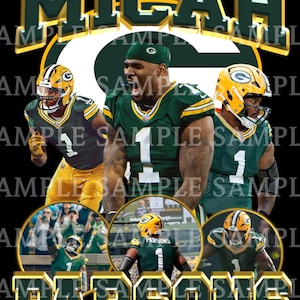 May include: A black graphic featuring the name "MICAH" in gold and green, with the Green Bay Packers' "G" logo. It includes images of football players in green and gold uniforms. The name "PARSONS" is also displayed in gold.