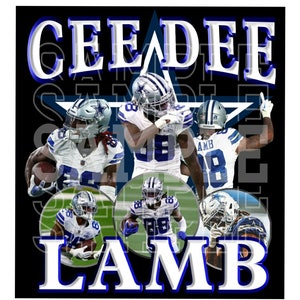 May include: A black and white graphic with the name "CeeDee Lamb" in large white letters with a blue outline. The graphic features a blue star with five points and five images of a football player wearing a blue and white jersey with the number 88.