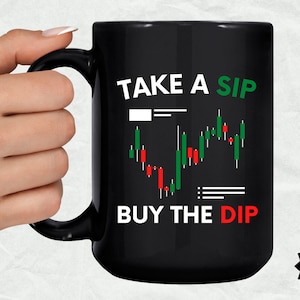 May include: Black coffee mug with a white graphic of a stock market chart and the text "Take a Sip Buy the Dip".