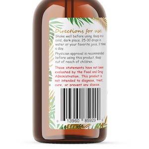 Op de afbeelding: Een bruine glazen fles met een etiket met de tekst "Gebruiksaanwijzing:" en gebruiksaanwijzingen. Het etiket bevat ook een streepjescode en de tekst "Deze verklaringen zijn niet ge&euml;valueerd door de Food and Drug Administration."