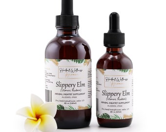 May include: Two amber glass bottles with dropper tops, labeled "Slippery Elm (Ulmus Rubra)" and "Herbal Dietary Supplement, Alcohol-Free". The larger bottle is 4 fluid ounces (120 ml) and the smaller bottle is 2 fluid ounces (60 ml).