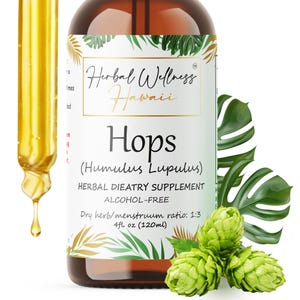 Puede incluir: Una botella marrón de suplemento herbal Herbal Wellness Hawaii Hops. La etiqueta incluye el texto "Hops (Humulus Lupulus)" y "Alcohol-Free". La botella contiene 120 ml. Lúpulos y hojas verdes en la imagen.
