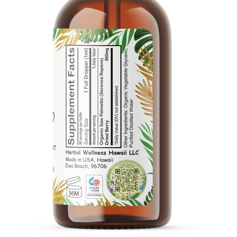 Op de afbeelding: Een bruine fles van het supplement Herbal Wellness Hawaii LLC. Het etiket bevat voedingsfeiten, ingredi&euml;nten en de tekst "Made in USA, Hawaii". De fles bevat 60 porties, met 860 mg biologische zaagpalm per portie.