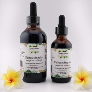 May include: Two brown glass bottles with dropper tops containing Chinese Angelica (Angelica Sinensis) herbal dietary supplement. The bottles are labeled "Herbal Wellness Hawaii" and have a dry herb/menstruum ratio of 2:3. The bottles are alcohol-free and contain 2 fl oz (60 ml).