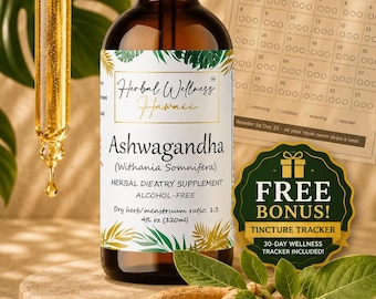 May include: An amber glass bottle of Herbal Wellness Hawaii Ashwagandha herbal dietary supplement, 4 fl. oz (120ml), with a dropper, a 31-day tincture tracker card, and raw ashwagandha roots and red berries arranged in the foreground.
