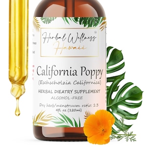May include: A brown glass bottle of Herbal Wellness Hawaii California Poppy herbal dietary supplement. The label includes the text "ALCOHOL-FREE" and "4 fl oz (120ml)". An orange California poppy flower and green leaves are in the image.