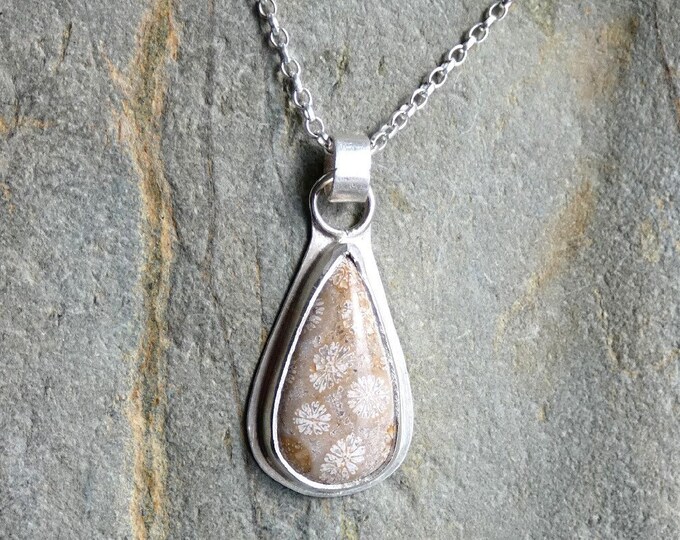 Coral Fossil Necklace, Handmade Sterling Silver Pendant Necklace w Teardrop Shaped Fossilised Coral Stone, Organic, Natural Stone Necklace