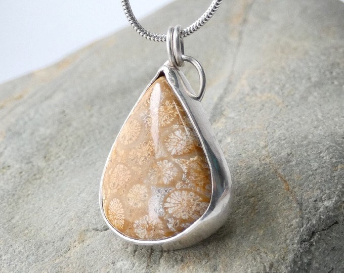Large Teardrop Pendant Necklace, Beautiful Coral Fossil Stone in Handmade Sterling Silver Bezel Set Pendant Necklace with Clover Cutout, UK