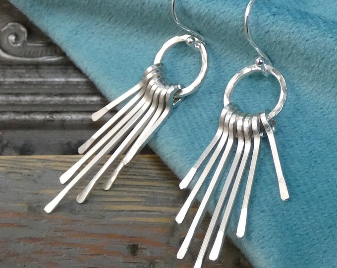 Long Lightweight Minimalist Solid Silver Dangling Drop Fringe, Tassel Earrings, Contemporary, Modern Artisan Precious Metal Jewellery, UK