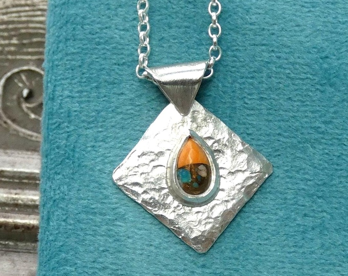 Small Light Hammered Square Pendant w Dainty Turquoise Copper Natural Gemstone, Handcrafted Unique Solid Sterling Silver Pendant Necklace,