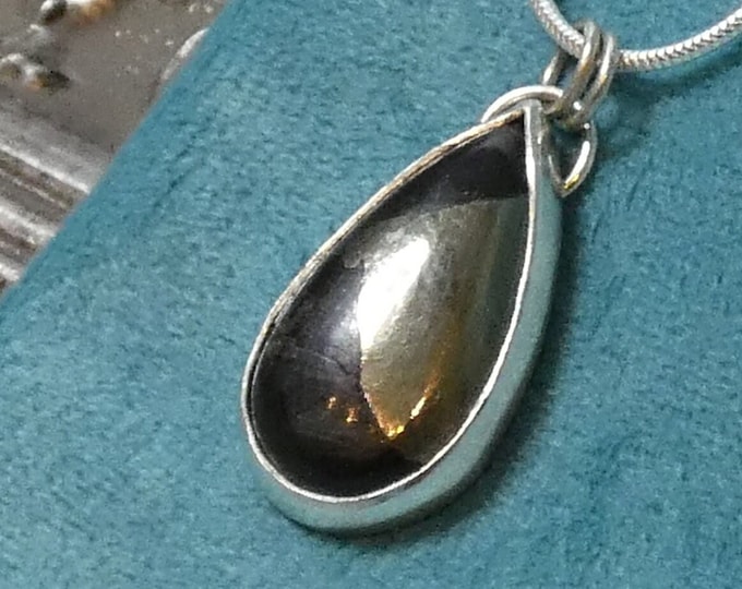 Black and Gold Pyrite Silver Necklace, Apache Gold Pendant Necklace, Chalcopyrite Necklace, Sterling Silver Teardrop Black Stone Necklace UK