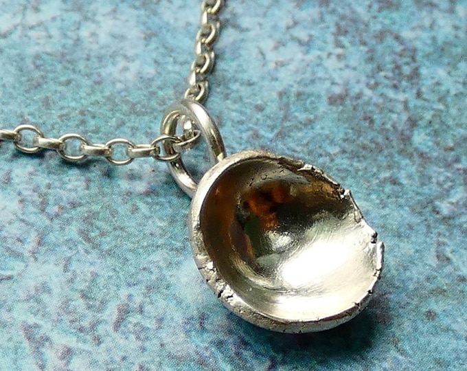 Tiny Dainty Handcrafted Hammered Solid Sterling Silver Domed Disc Pendant Necklace, Minimalist Precious Metal Jewellery, Pebble, Nugget Drop