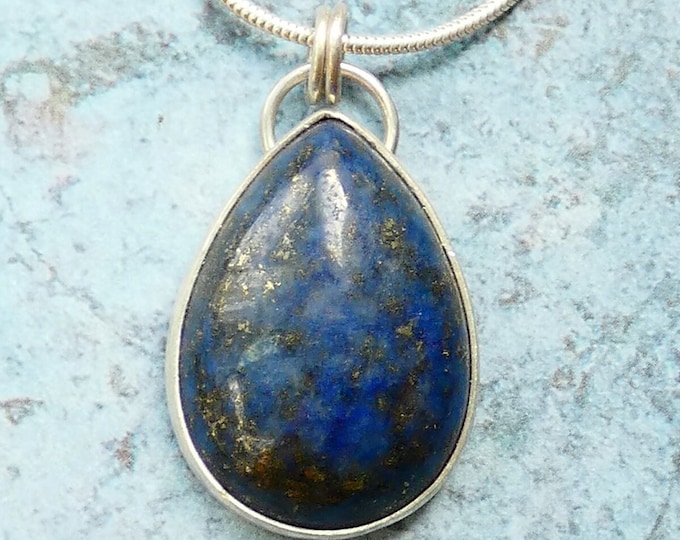 Large Teardrop Lapis Lazuli Natural Gemstone in Solid Sterling Silver Bezel Setting, Artisan Statement Blue Birthstone Pendant Necklace, UK