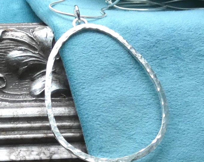 Oversized Hammered Sterling Silver Pendant Necklace, Very Large Chunky Solid Silver Oblong Hoop, Artisan Statement Precious Metal Jewellery