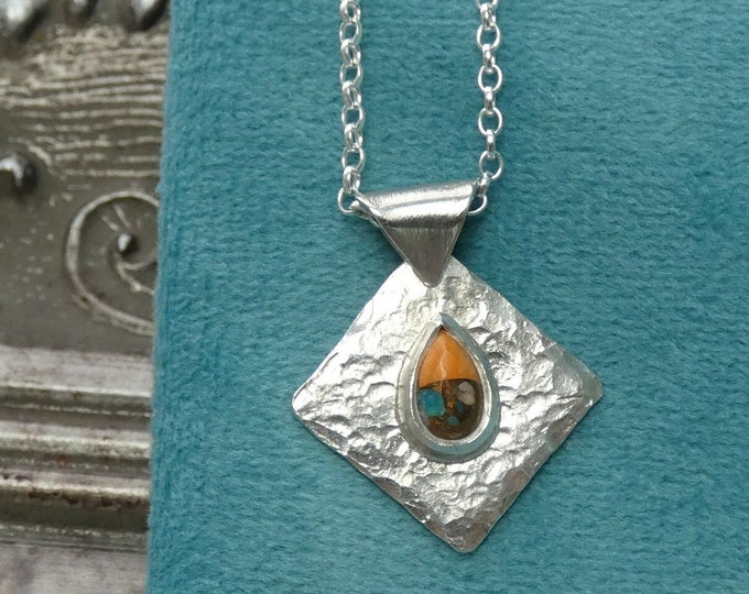 Dainty Turquoise Copper Pendant Necklace: Hammered Sterling Silver