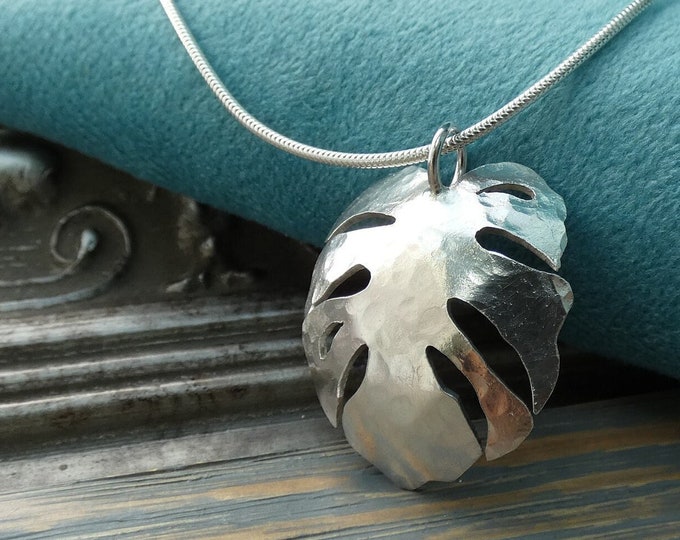 Cheese Plant Leaf Silver Pendant Necklace, Monstera Deliciosa Leaf Necklace, Handcrafted Hammered, Textured Surface, Organic Nature Inspired