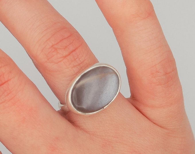 Moonstone Silver Ring, Handmade Sterling Silver Horizontal Statement Ring with Beautiful Large Oval Moonstone, Silver Jewellery, UK Size M