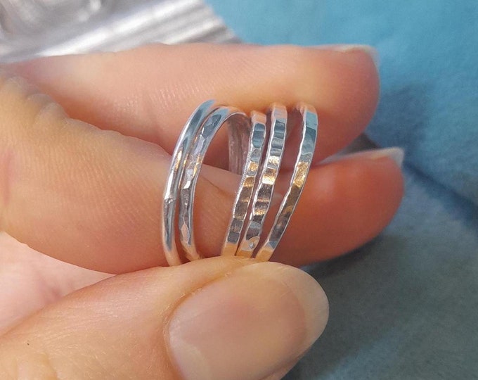 Set of Five Mixed Sized Smooth and Hammered Textured Stackable Rings, Small Lightweight Real Solid Sterling Silver Rings, Dainty Silver Ring